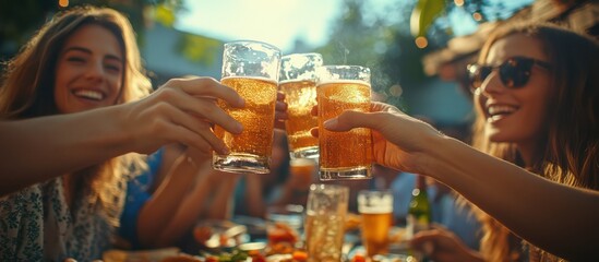 Two happy women clinking glasses of beer while sitting at a table outdoors.