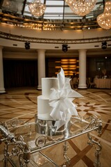 Beautiful Fluffy White Wedding Cake in a Spacious, Light, and Warm Hall