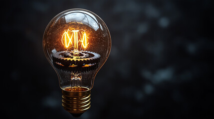 Light bulb with gears inside, symbolizing innovative ideas and creativity, isolated on a black background. Text space.