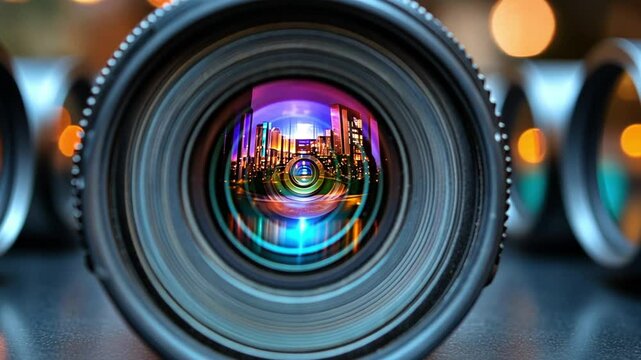 A close-up of a camera lens showcasing vibrant reflections and intricate details footage
