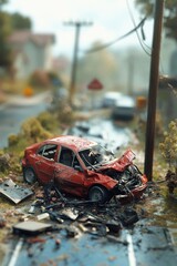 Fototapeta premium Miniature art of car insurance agent examining damage after an accident in a suburban area, under an overcast sky.