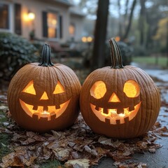 Fototapeta premium Two carved pumpkins with lit candles inside on a porch during the fall.