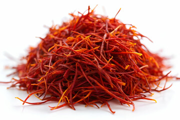A vibrant pile of saffron threads, renowned for their culinary uses and distinct flavor, displayed on a white background.