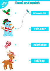 Christmas educational kids game learning english. Read, match Xmas holiday objects and words. Cartoon snowman, reindeer and others. Worksheet for practice reading. Task for education children. Vector.