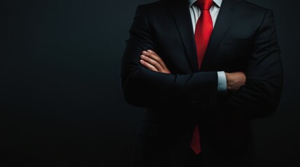 A man in a formal black suit with a red tie stands with his arms crossed, conveying a sense of professionalism and confidence against a dark background