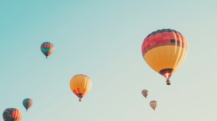 Fototapeta premium A collection of colorful hot air balloons floating in a clear sky, Adventure sky theme, Whimsical style
