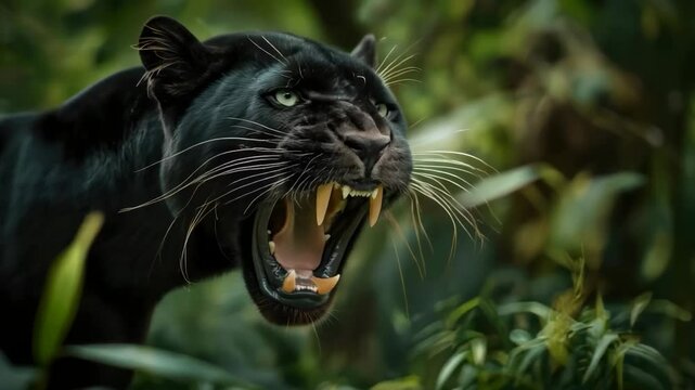 A black panther bares its fangs while moving smoothly against the green jungle background