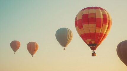 Naklejka premium A collection of colorful hot air balloons floating in a clear sky, Adventure sky theme, Whimsical style