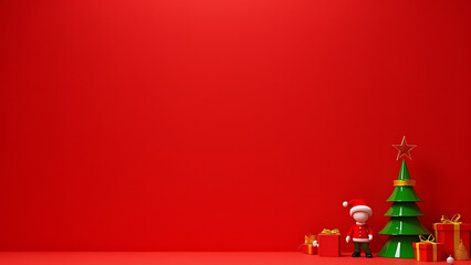 Red background showcases Christmas gift with green tree and 3D model in a festive holiday setting for discounted products.