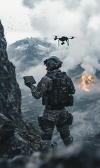 Fototapeta premium Soldier with drone and tablet on a mountain.