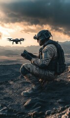 Soldier operating drone on rocky terrain.