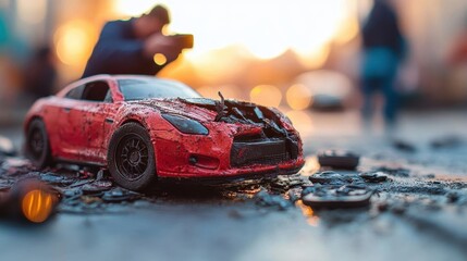 Car insurance miniature, agent taking photos of a damaged car in a bright afternoon setting