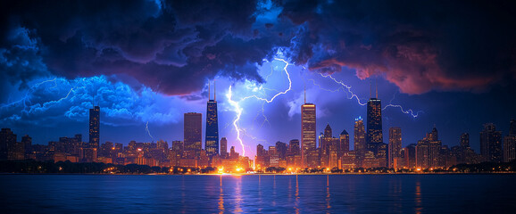 Lightning in the night sky of the metropolis. High detail.
