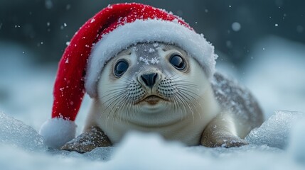 Obraz premium Seal pup wearing a Santa hat resting on a snow-covered beach during winter