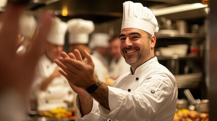 A joyful male chef in a professional kitchen setting, wearing a traditional white chef's hat and jacket, is clapping
