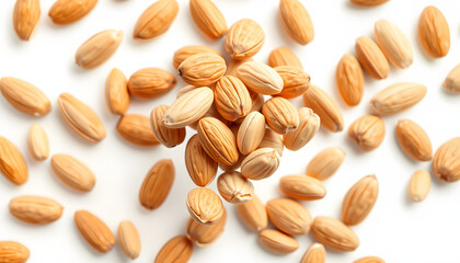 Obraz premium Whole, shelled and blanched almond nuts flying isolated on white background. Vertical layout isolated with white highlights, png
