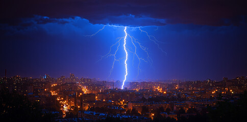 Lightning in the night sky of the metropolis. High detail.