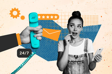 Creative collage picture young woman landline telephone operator wire cable 24 7 support customer...