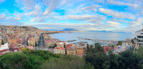 panoramic cityscape Naples with Vesuvius volcano, Italy, web banner