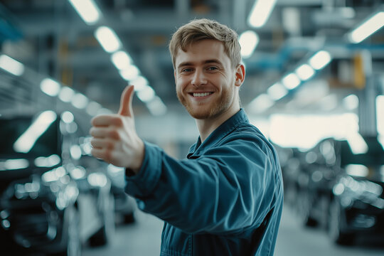 attractive car mechanic smiling and holding up his right hand with the thumb pointing up . He is wearing blue overalls. 