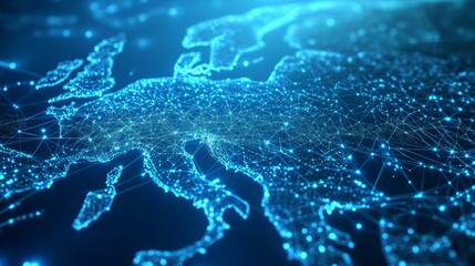 A 3D network map of the unreal country, covered in glowing mesh lines and point clusters on a modern blue background 