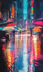Naklejka premium Rainy night with colorful umbrellas and city lights.