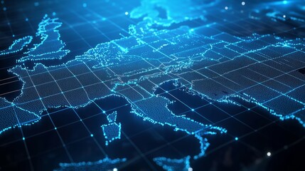 Obraz premium A 3D network map of the unreal country, covered in glowing mesh lines and point clusters on a modern blue background 