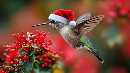 A festive hummingbird with a Santa hat hovers near vibrant red flowers during the holiday season