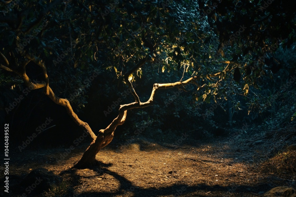 Poster a solitary tree basks in soft illumination within a secluded forest, its intertwined branches castin