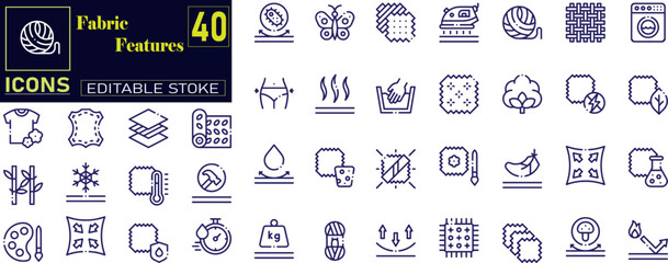Set of fabric features icons. Line art style icons bundle . Editable stroke. Vector illustration