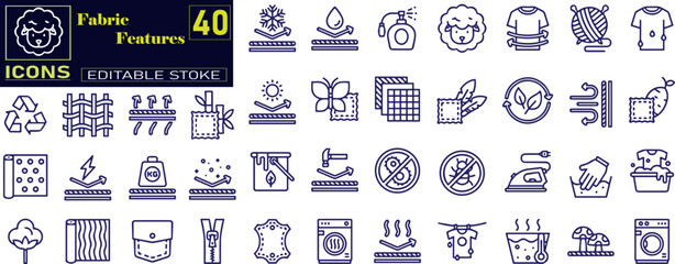 Set of fabric features icons. Line art style icons bundle . Editable stroke. Vector illustration