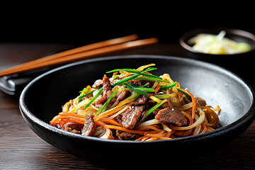 Delicious stir-fried beef noodles in bowl