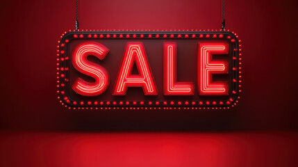 A vibrant neon sale sign glowing against a red background, attracting attention with its bold lettering.