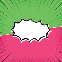 Pop art pattern backdrop. Comic book background with blank speech bubble balloon and halftone effect. Red and green cartoon retro starburst texture with dots. Duotone effect. Vintage gradient banner. 