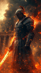 A Roman legionary in mid-battle, swinging a with precise skill.