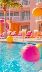 Pink cocktails and beach balls in pool.