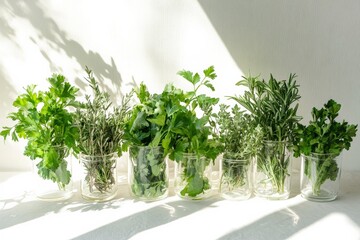 Fototapeta premium A collection of fresh herbs in transparent glass jars is displayed against a bright wall, creating a simple yet eye-catching natural culinary arrangement indoors.