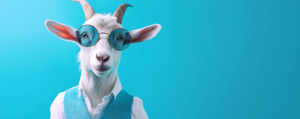 A dapper goat in a vintage waistcoat and round sunglasses, posed against a soft gradient of pastel blue blending into deep cobalt tones.