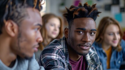 Obraz premium Diverse Young Adults Engaged in Conversation and Connection. Generative ai