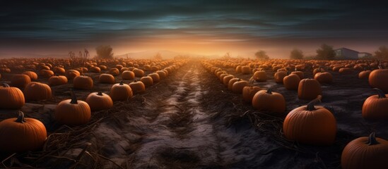 Obraz premium A long row of pumpkins in a field at sunrise with fog.