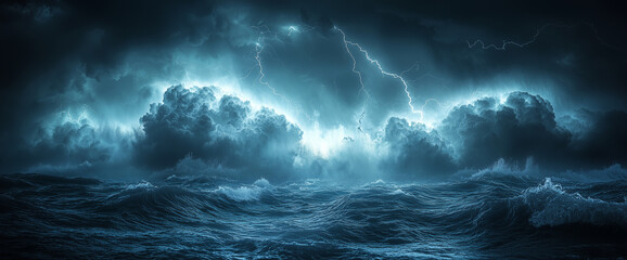 Lightning in the ocean. Storm. Time laps photo. High detail.