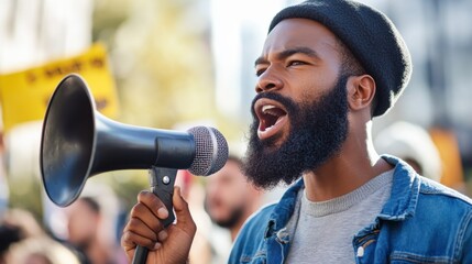 A community organizer leading a peaceful protest for social equality and human rights, rallying diverse communities in a collective call for justice, Social justice scene
