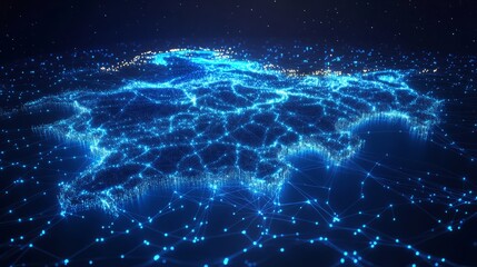 Obraz premium A 3D network map of the imaginary country, covered in glowing mesh lines and point clusters on a modern blue background