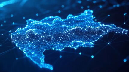 A 3D network map of the imaginary country, covered in glowing mesh lines and point clusters on a modern blue background