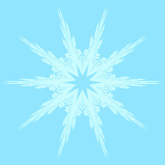 Symmetrical six-pointed snowflake or star. Delicate, lacy patterns radiate outward. Light blue snowflake on soft blue background. Calming effect. Elegant and intricate design. Winter-themed season.