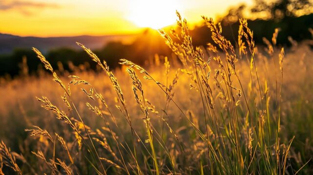 A golden sunset illuminating a field of tall grass.