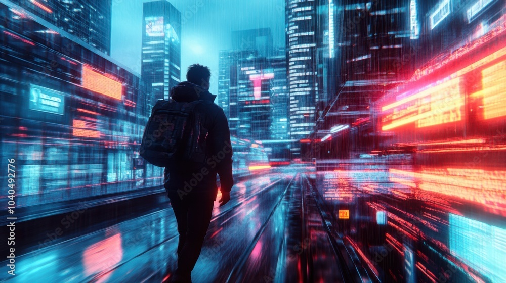 Poster a commuter navigating a bustling cityscape filled with skyscrapers and neon lights, urban scene, dyn