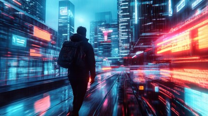 A commuter navigating a bustling cityscape filled with skyscrapers and neon lights, Urban scene, Dynamic style