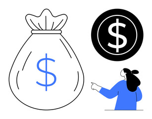 A large money sack with a dollar sign along with a circular coin symbol. Below, a businesswoman points towards the symbols. Ideal for finance, savings, investment, wealth management, and banking