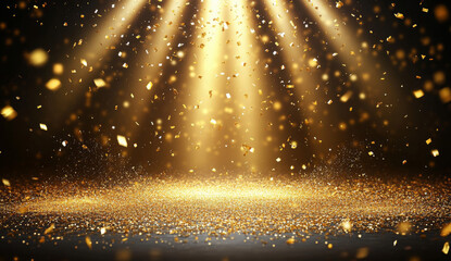golden confetti rain on festive stage with light beam in the middle, empty room at night mockup with copy space for award ceremony, jubilee, New Year's party or product presentations